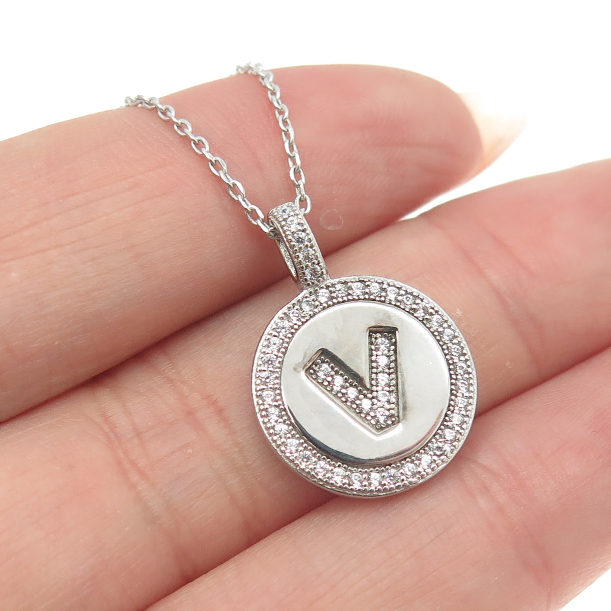 925 Sterling Silver Pave C Z Letter "V" Initial Cable Chain Necklace 18"