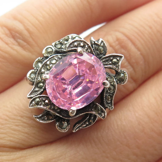 925 Sterling Silver Vintage Pink C Z Wide Ornate Ring Size 6.25
