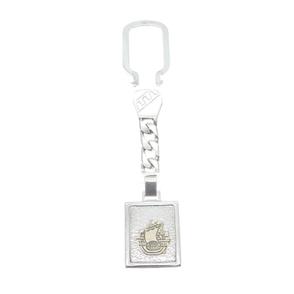 18K Yellow Gold 925 Sterling Silver Vintage Italy Sail Ship Key Fob Chain Holder