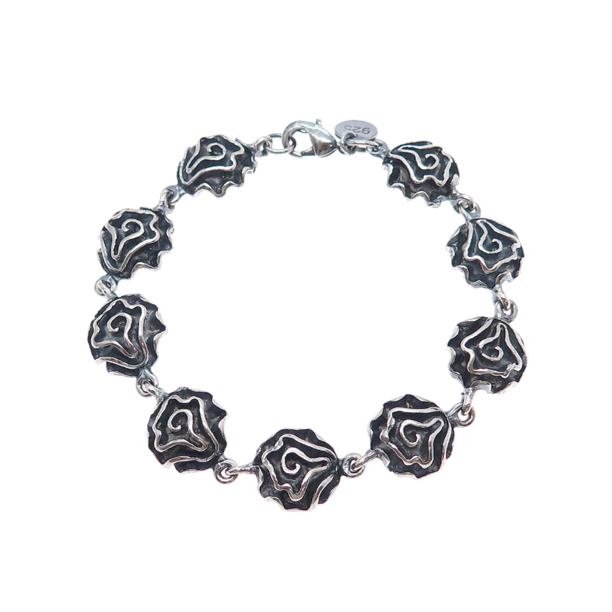925 Sterling Silver Vintage Modernist Oxidized Flower Link Bracelet 7"