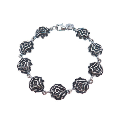 925 Sterling Silver Vintage Modernist Oxidized Flower Link Bracelet 7"