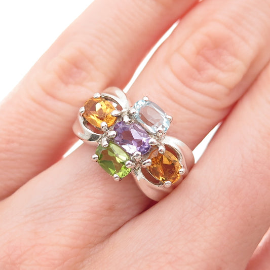 Pranda Sterling Vintage Real Blue Topaz Amethyst Citrine Peridot Ring Size 6.25