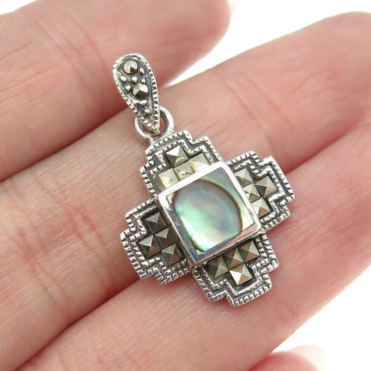 925 Sterling Silver Vintage Real Abalone Shell & Marcasite Cross Pendant