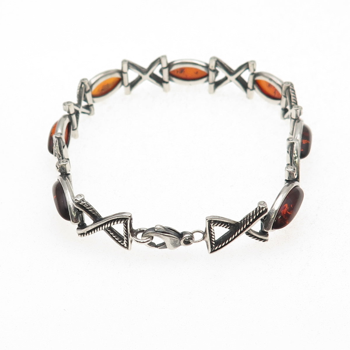 925 Sterling Silver Vintage JS Poland Real Amber X-Shape Oxidized Bracelet 7.75"