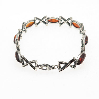 925 Sterling Silver Vintage JS Poland Real Amber X-Shape Oxidized Bracelet 7.75"