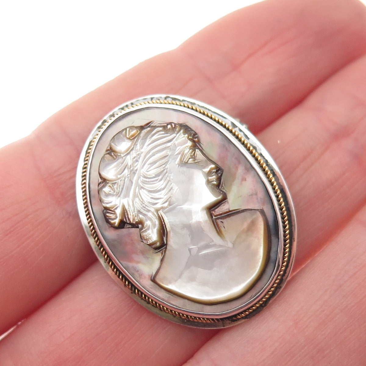 925 Sterling 2-Tone Vintage Real Abalone Shell Lady Cameo Pin Brooch / Pendant