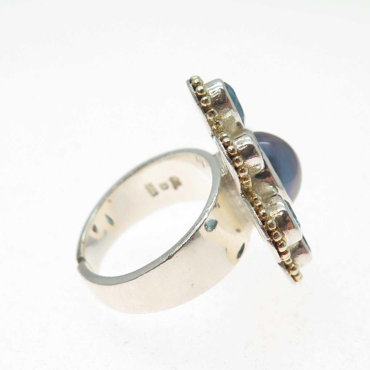 925 Sterling Vintage Real Pearl Topaz & Tanzanite Flower Adjustable Ring Size 7