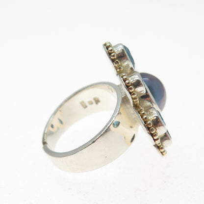 925 Sterling Vintage Real Pearl Topaz & Tanzanite Flower Adjustable Ring Size 7