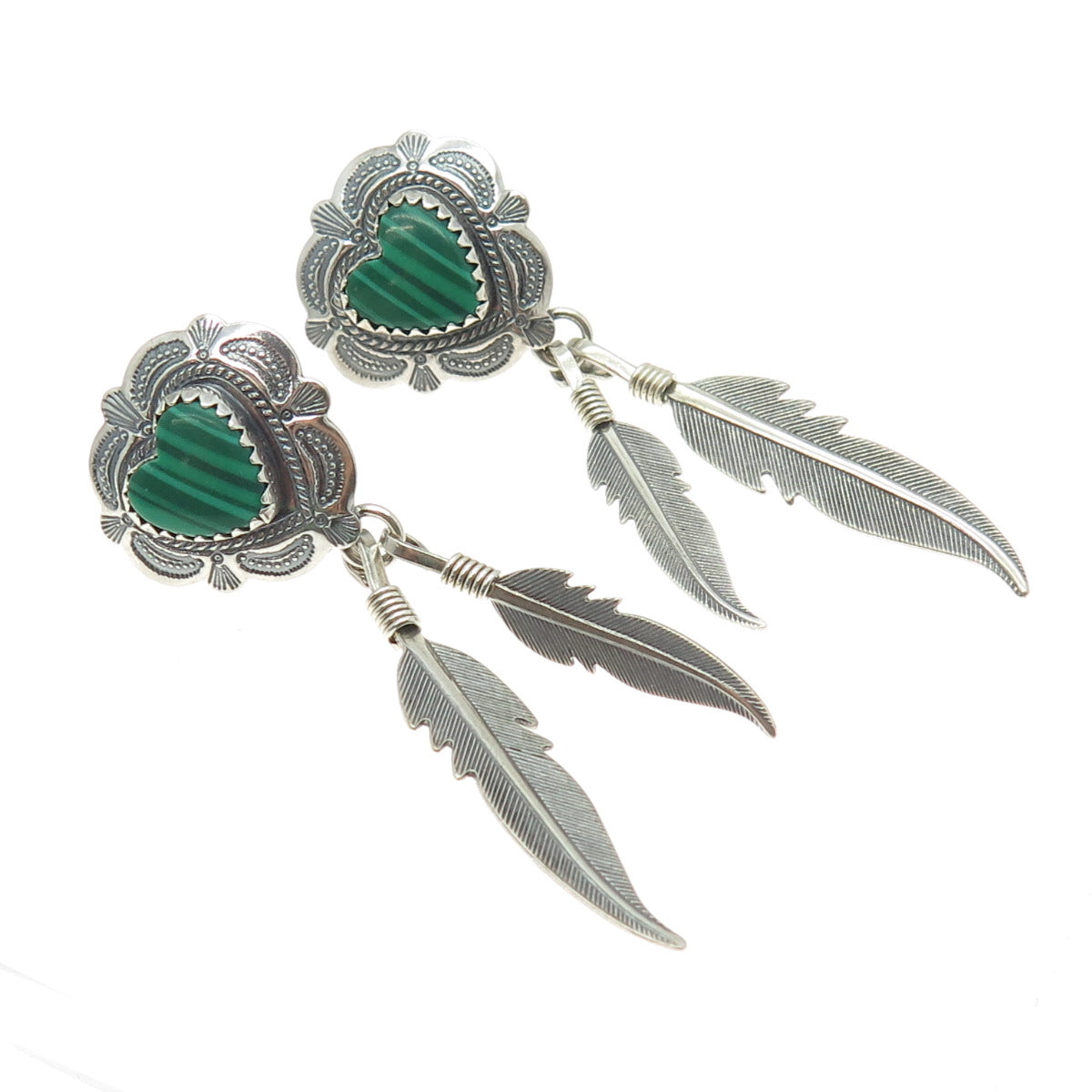 QUOC TURQUOISE Sterling Vintage Southwestern Malachite Heart & Feather Earrings