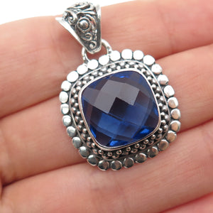 BERIA 925 Sterling Silver Vintage Lab-Created Blue Spinel Dotted Charm Pendant