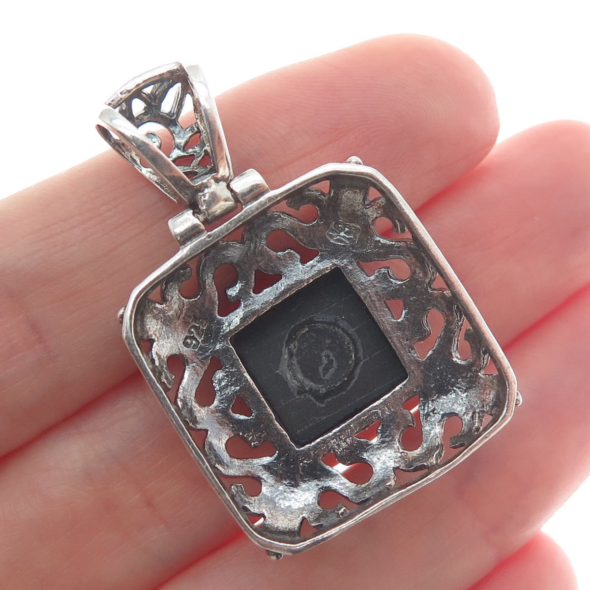 925 Sterling Silver Vintage Real Black Onyx Letter S Ornate Oxidized Pendant