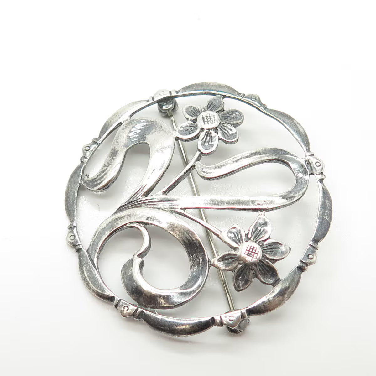 925 Sterling Silver Vintage Floral Blossom Round Pin Brooch