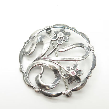 925 Sterling Silver Vintage Floral Blossom Round Pin Brooch