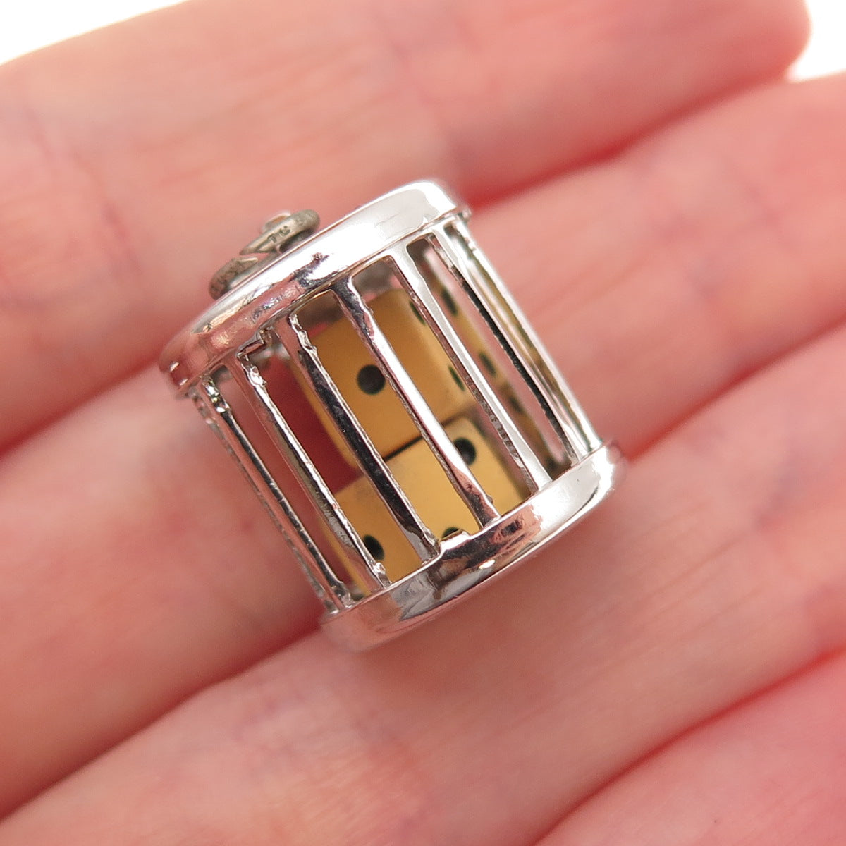 925 Sterling Silver Antique Art Deco Dice Cage Good Luck 3D Charm Pendant
