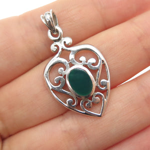 925 Sterling Silver Vintage Real Green Onyx Ornate Heart Charm Pendant