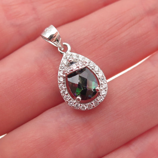 925 Sterling Silver Real Mystic Quartz & C Z Teardrop Mini Charm Pendant