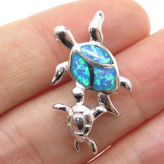 925 Sterling Silver Real Blue Opal Gemstone Mother & Baby Turtles Slide Pendant