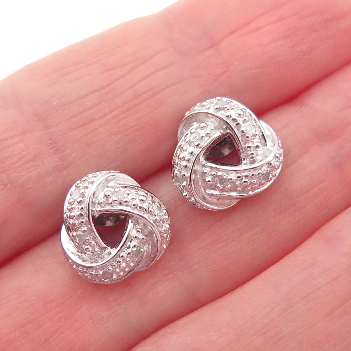Charles Winston 925 Sterling Silver Real Diamond Twisted Knot Stud Earrings
