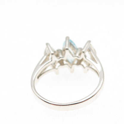 925 Sterling Silver Vintage Real Marquise-Cut Blue & White Topaz Ring Size 7.25