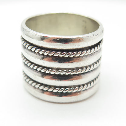 925 Sterling Silver Vintage Mexico Roped Wide Band Ring Size 7.25