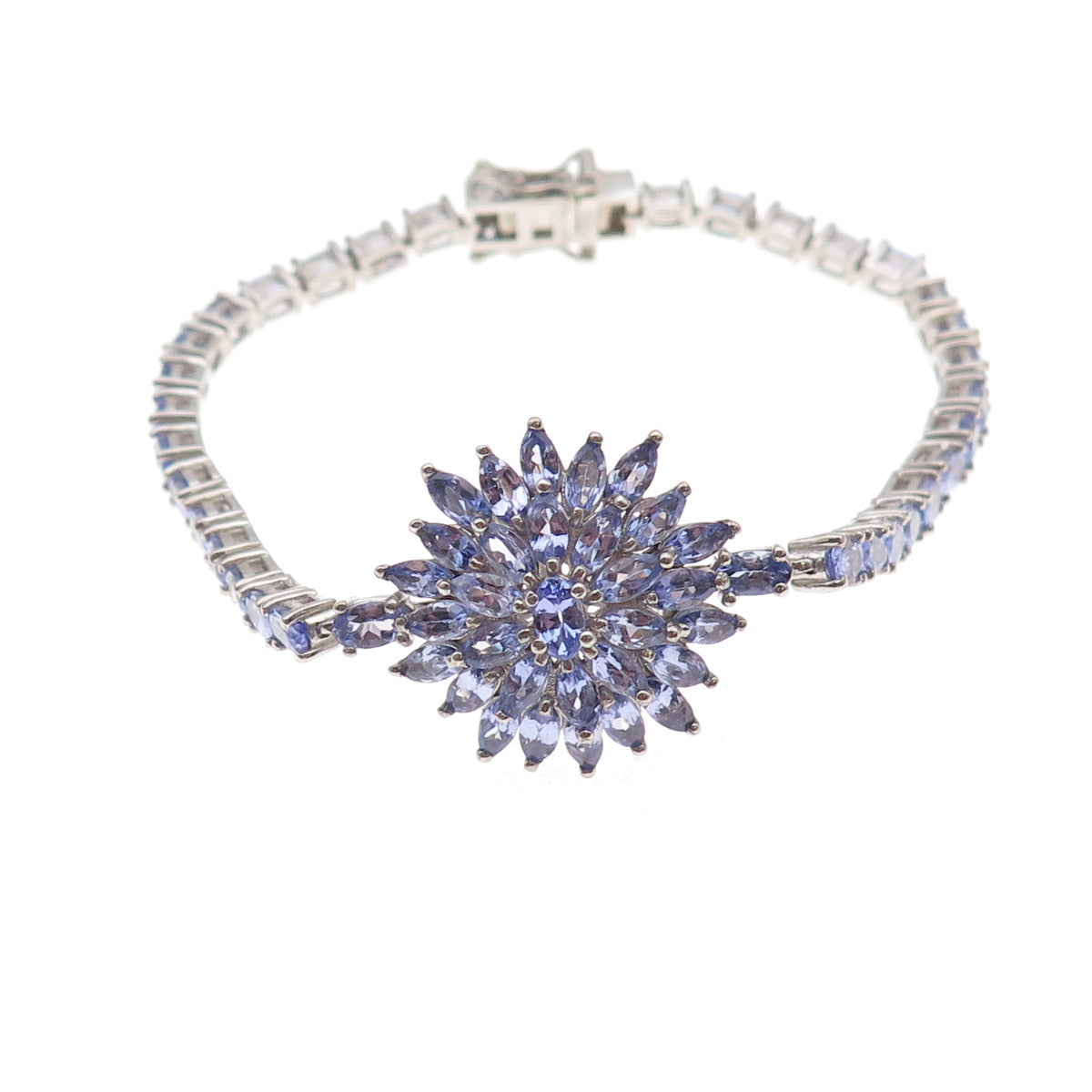 D'Joy 925 Sterling Silver Real Marquise & Oval-Cut Tanzanite Floral Bracelet 8"