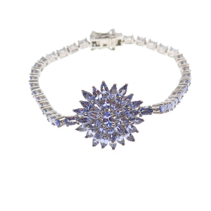 D'Joy 925 Sterling Silver Real Marquise & Oval-Cut Tanzanite Floral Bracelet 8"