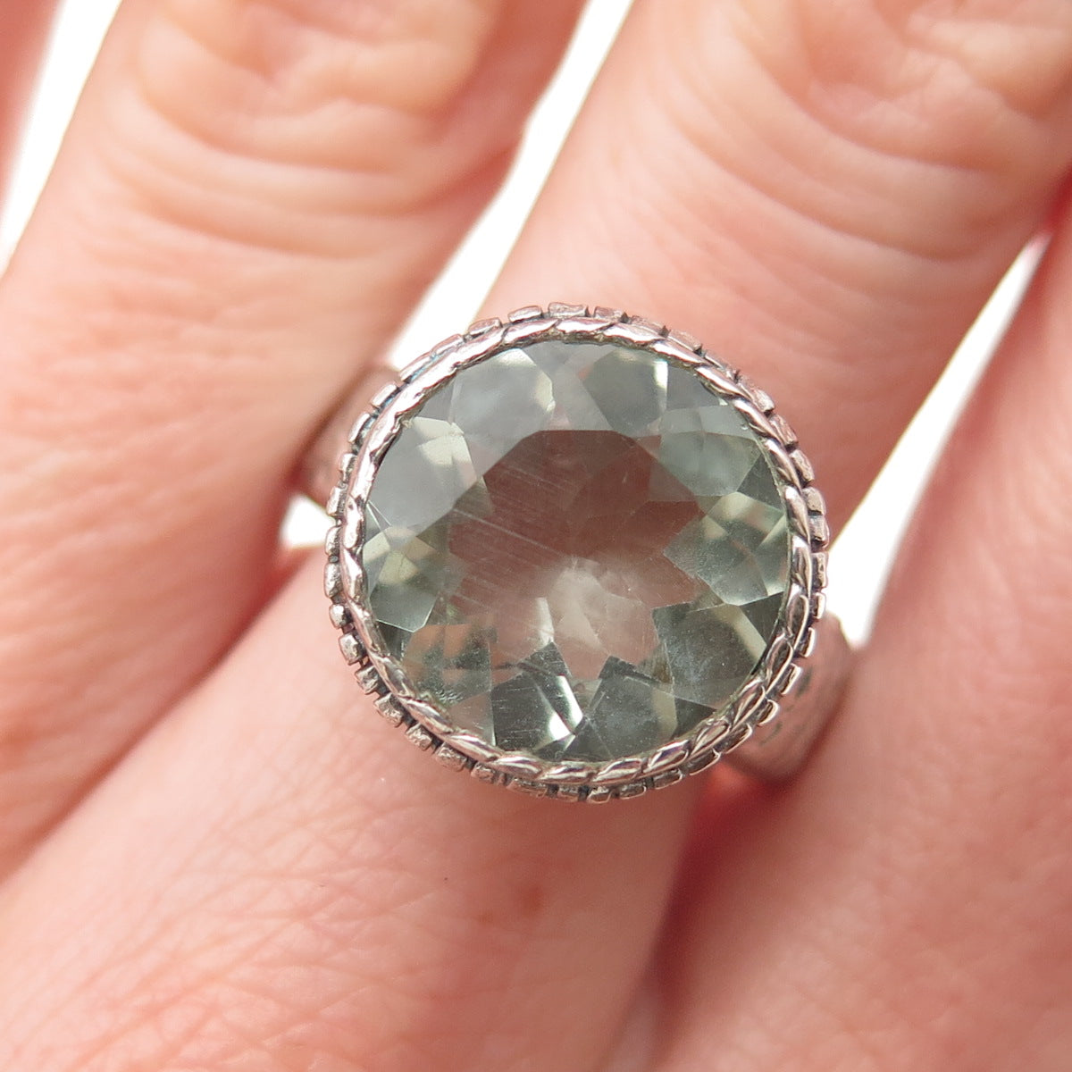 925 Sterling Silver Vintage Real Green Amethyst Modernist Oxidized Ring Size 9