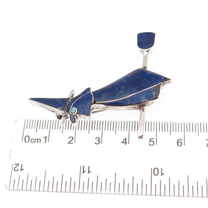 980 Silver Vintage Real Lapis Turquoise Witch & Broomstick Pin Brooch / Pendant