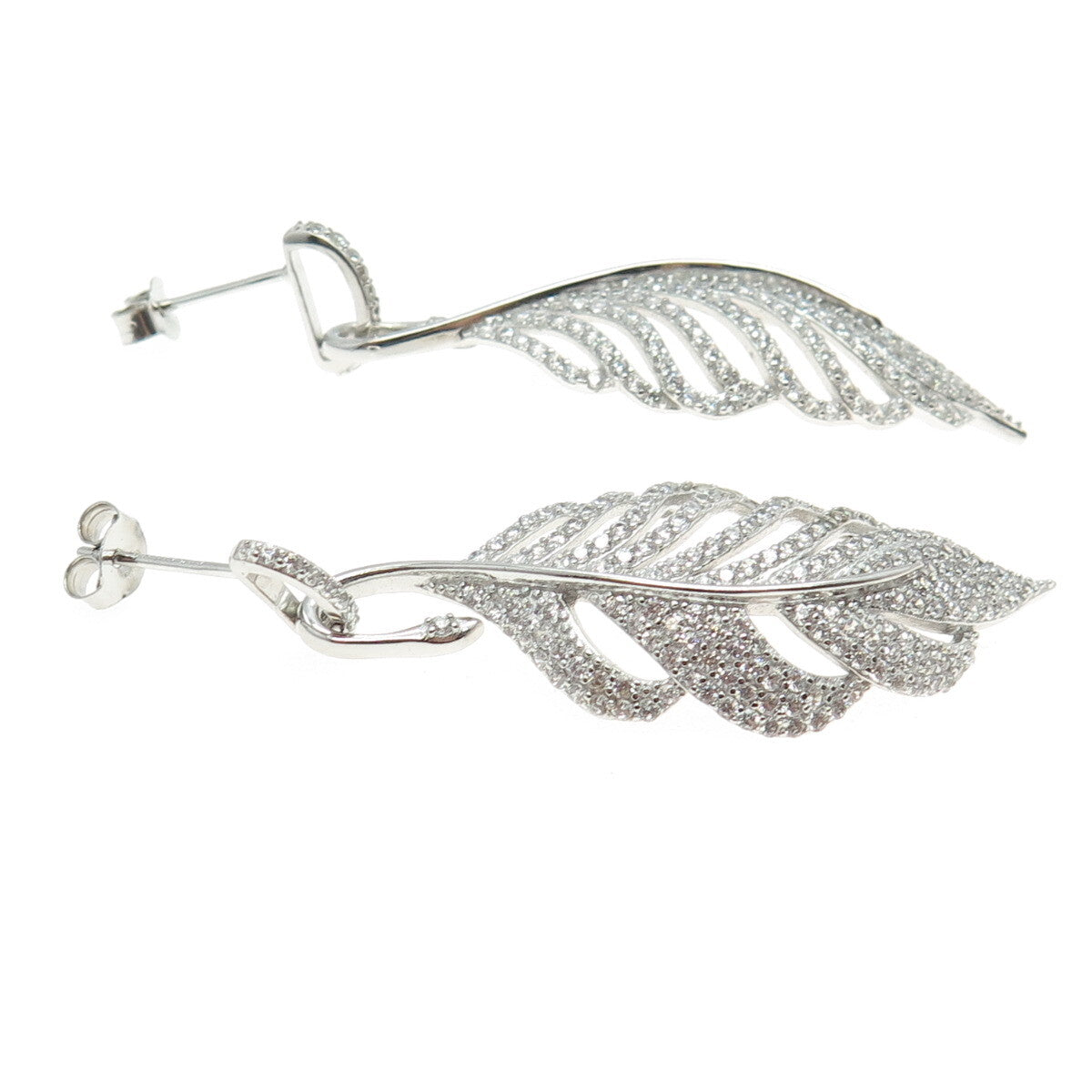 925 Sterling Silver Round-Cut C Z Feather Dangling Earrings