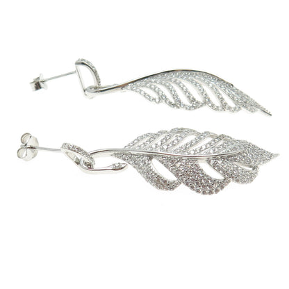 925 Sterling Silver Round-Cut C Z Feather Dangling Earrings