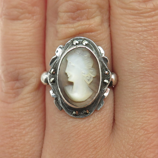 800 Silver Antique Real Marcasite Gemstone Cameo Victorian Lady Ring Size 6.25