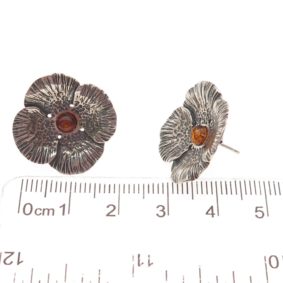 925 Sterling Silver Vintage Real Amber Modernist Flower Oxidized Earrings