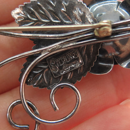 LANG 925 Sterling Silver Vintage Rose Flower Oxidized Pin Brooch