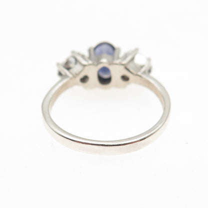 TOMMY LONG 925 Sterling Real Oval-Cut Iolite & Triangle-Cut C Z Ring Size 6.25