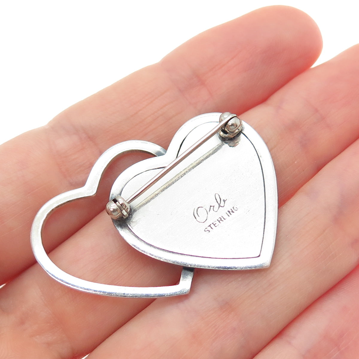 ORB Otto R. Bade 925 Sterling Silver Vintage Double Heart Oxidized Pin Brooch