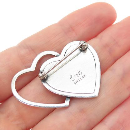 ORB Otto R. Bade 925 Sterling Silver Vintage Double Heart Oxidized Pin Brooch