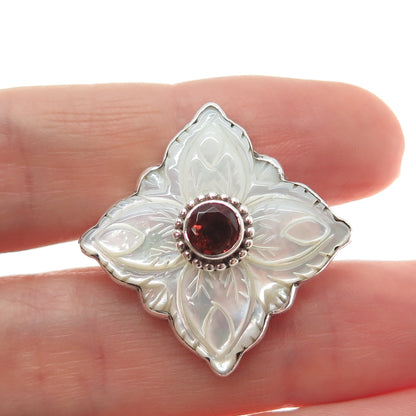 SAJEN 925 Sterling Silver Vintage Real Red Garnet & MOP Flower Ring Size 9.25