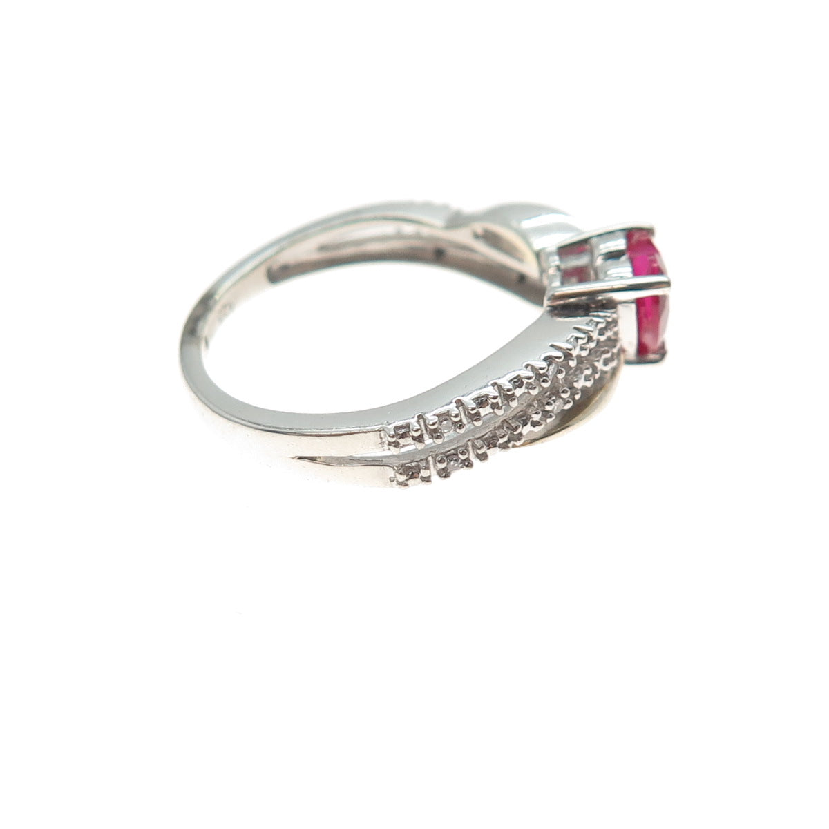 SAI 925 Sterling Silver Real Diamond & Lab-Created Ruby Heart Ring Size 6.75