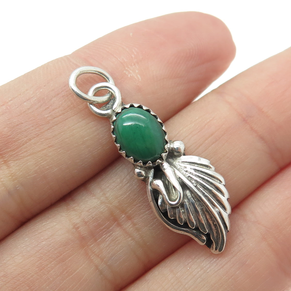 BEN J. Sterling Silver Vintage Southwestern Malachite Snake Eye Feather Pendant