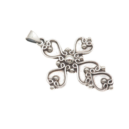 925 Sterling Silver Vintage Mexico Heart Ornate Cross Oxidized Pendant