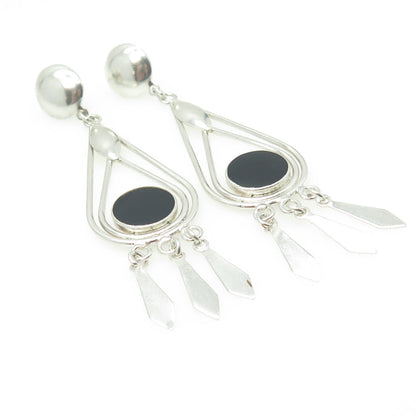 925 Sterling Silver Vintage Real Black Onyx Dangling Earrings