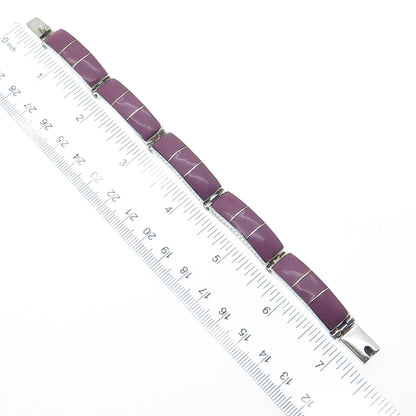 925 Sterling Silver Vintage Mexico Real Sugilite Panel Link Bracelet 6.75"