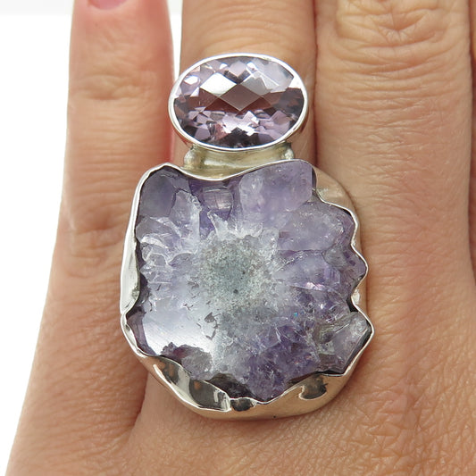 925 Sterling Silver Vintage Real Amethyst Gemstone Modernist Ring Size 7