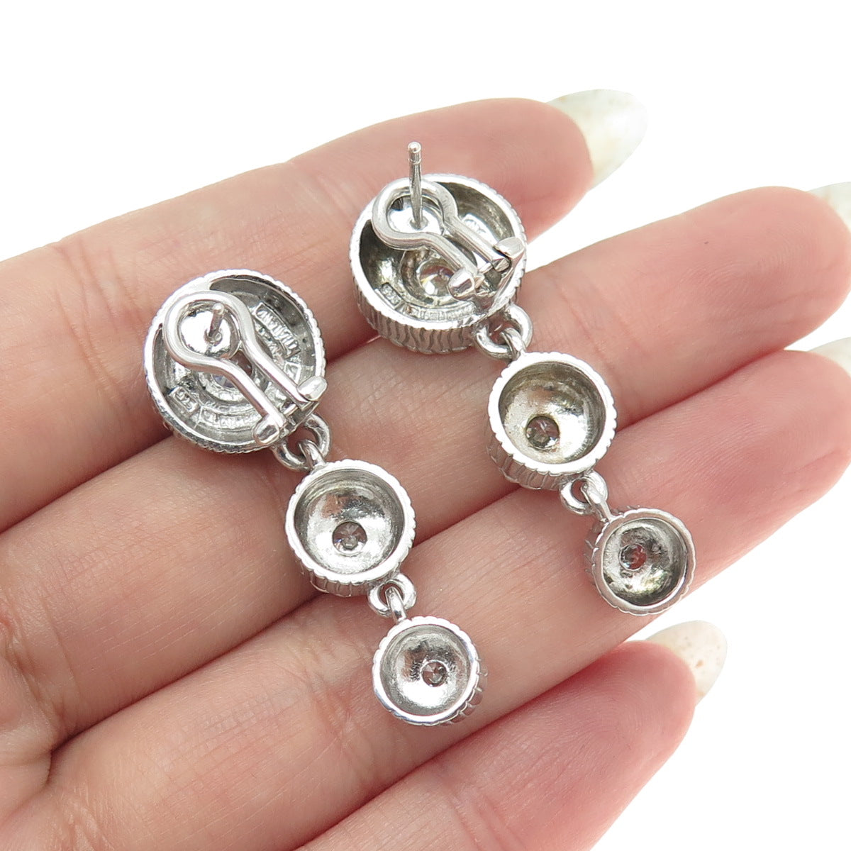 JUDITH RIPKA Sterling Silver Round-Cut C Z Graduated Drop Omega Back Earrings