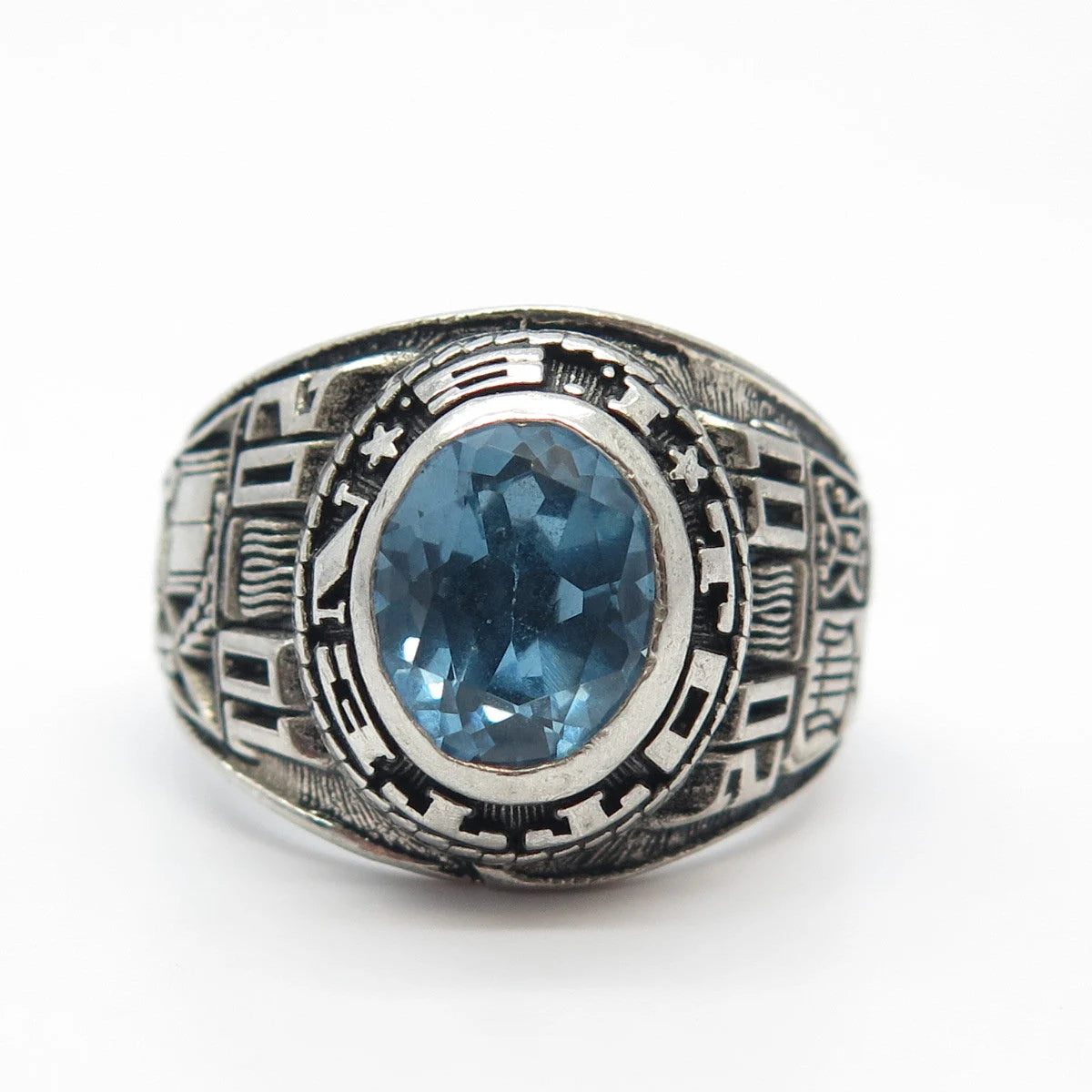 925 Sterling Silver Vintage REED Blue Glass School Ring Size 7.25