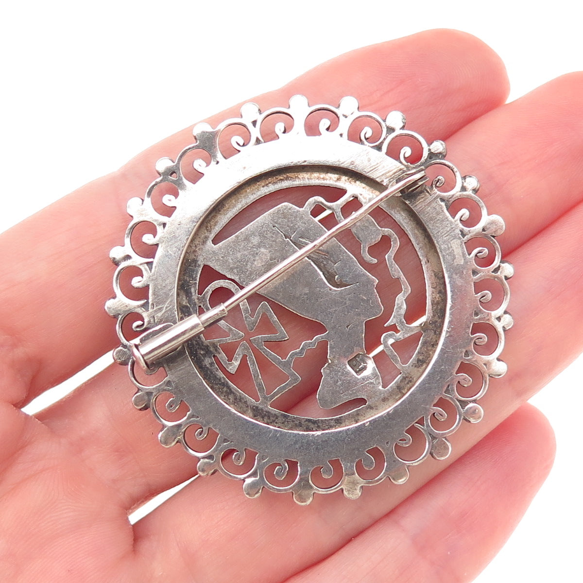 800 Silver Antique Art Deco Egyptian Nefertiti Pharoh Oxidized Pin Brooch