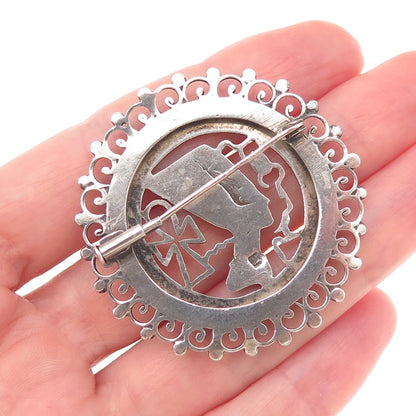 800 Silver Antique Art Deco Egyptian Nefertiti Pharoh Oxidized Pin Brooch