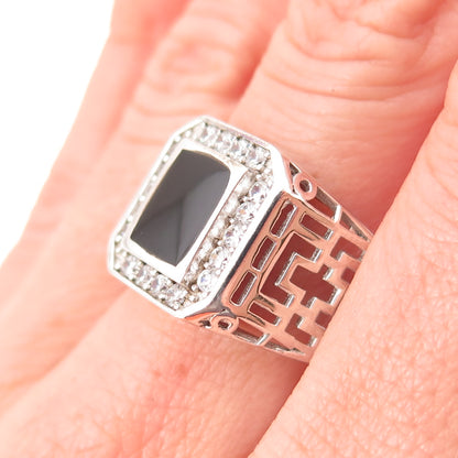 925 Sterling Silver Real Black Onyx & C Z Ornate Ring Size 9
