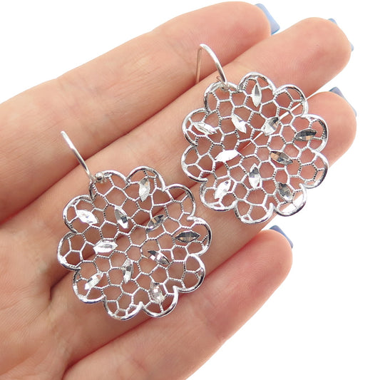 925 Sterling Silver Vintage Flower Filigree Dangle Earrings