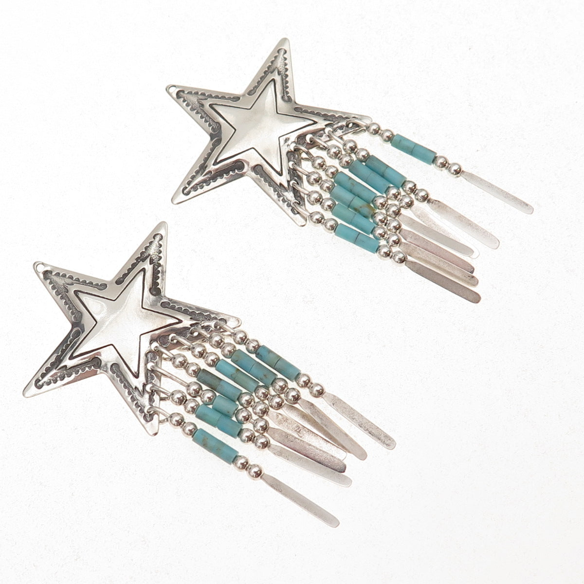 Quoc Turquoise Old Pawn 925 Sterling Silver Vintage Star Tribal Jacket Earrings